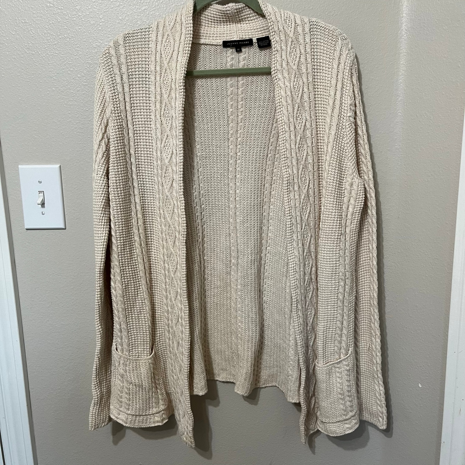 Jeanne Pierre Cable Knit Sweater Sz Medium Open Front Cream Pockets